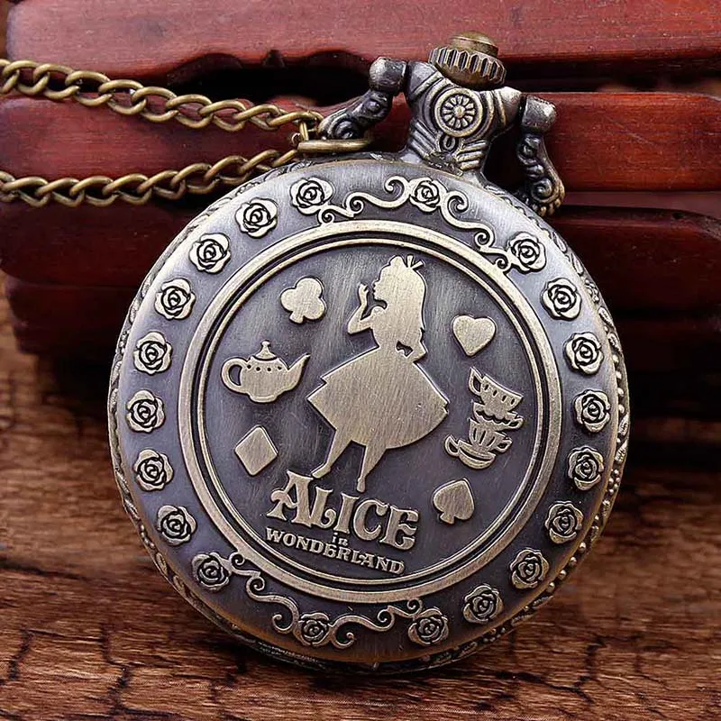 

Retro Anime Alice In Wonderland Pocket Watch Necklace For Women Men Vintage Bronze Flip Quartz Fob Antique Clock Chain Pendant