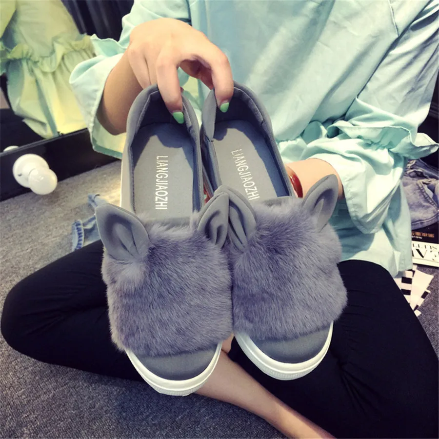 

New Designer Fashion Fur Shoes Women Cartoon Ears Casual Shoes Female Low Cut Casuals Slip On Platform Leisures Women's Shoes fo