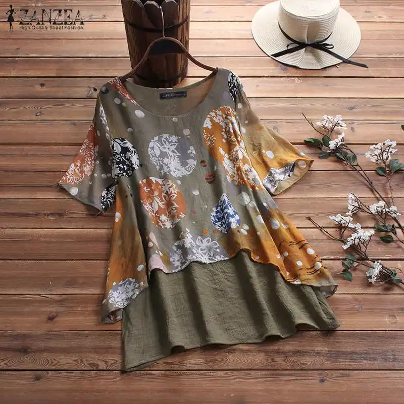 Kaufen 2019 ZANZEA Frauen Sommer Kurzarm Shirt Casual Pacthwork Vintage Floral Bedruckte Bluse Tunika Tops Chemise Blusas Femininas