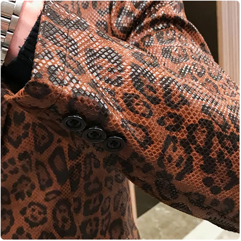 Autumn Leopard Print Mens Blazer Skin Suit Jacket Leather Stage Costumes For Singers Loose Coat Blaser Homens Terno Masculino