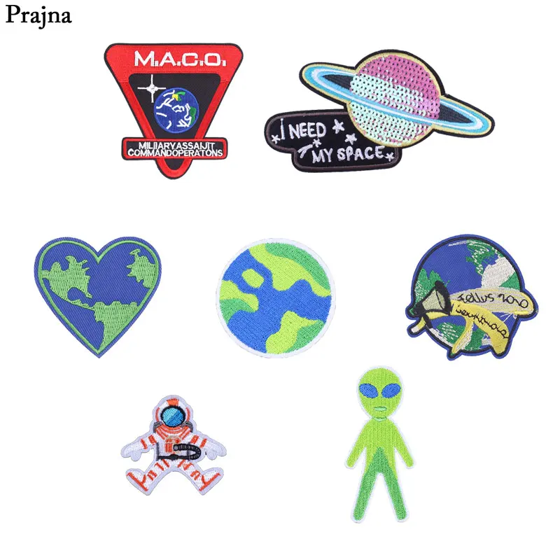 

Prajna Alien Space Iron On Patch Blue Earth Badges Astronaut M.A.C.O UFO Embroidered Stickers On Clothing DIY Appliques Logo