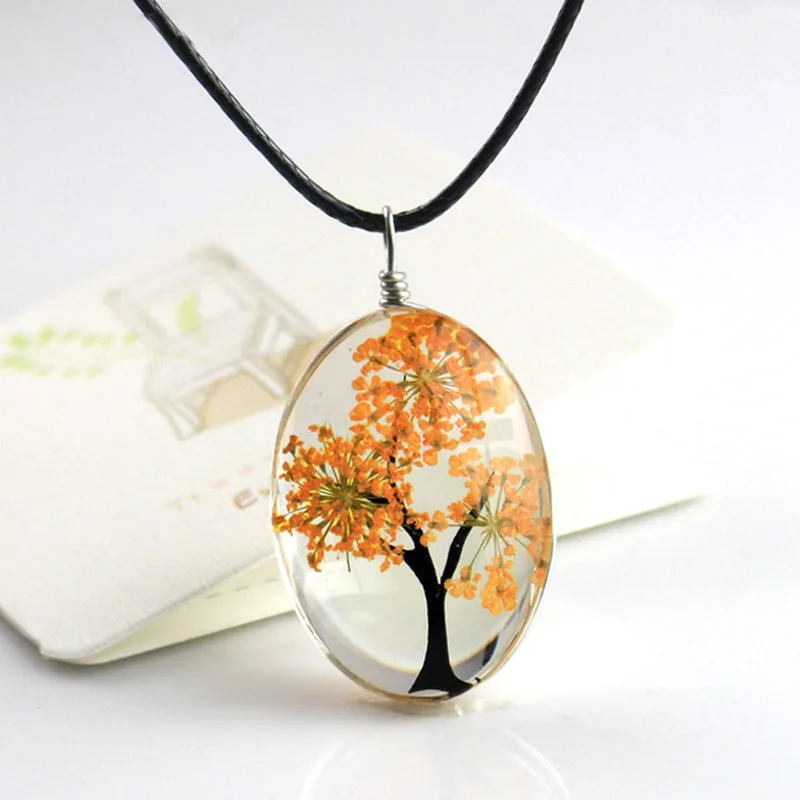 QCOOLJLY Ретро ювелирные изделия настоящие сухие цветы ожерелье дерево жизни в форме кожаной веревки стекло Длинная подвеска ожерелье для женщин подарок