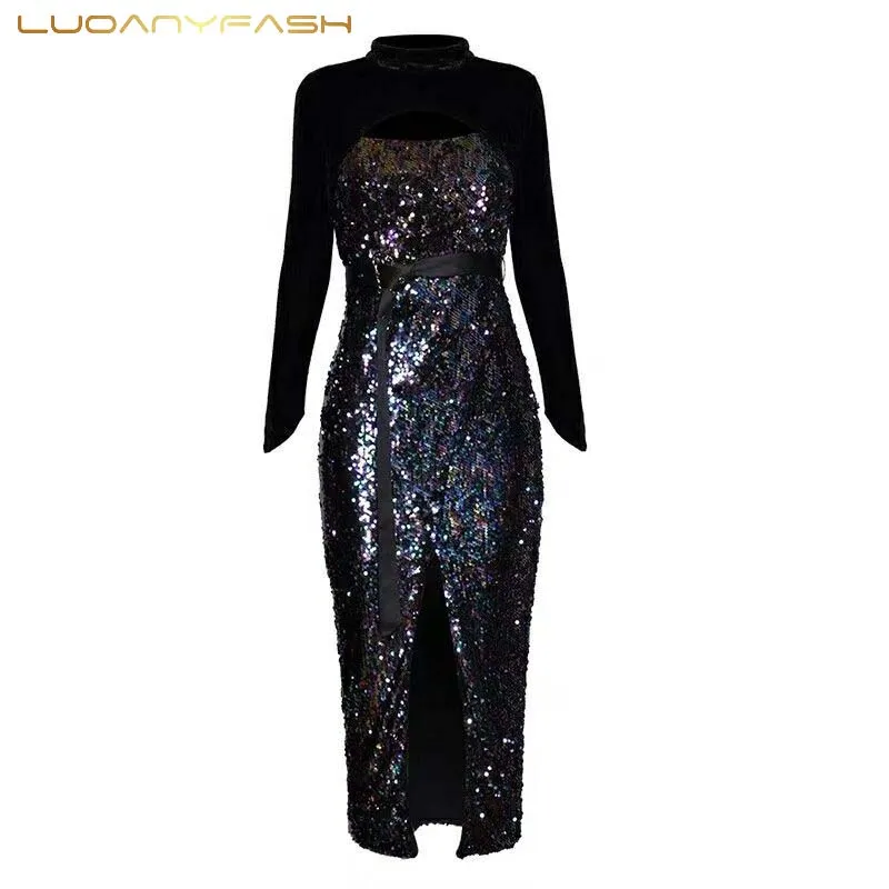 Luoanyfash Patchwork Dress Hollow Out Velvet Sequin Long Women's ...
