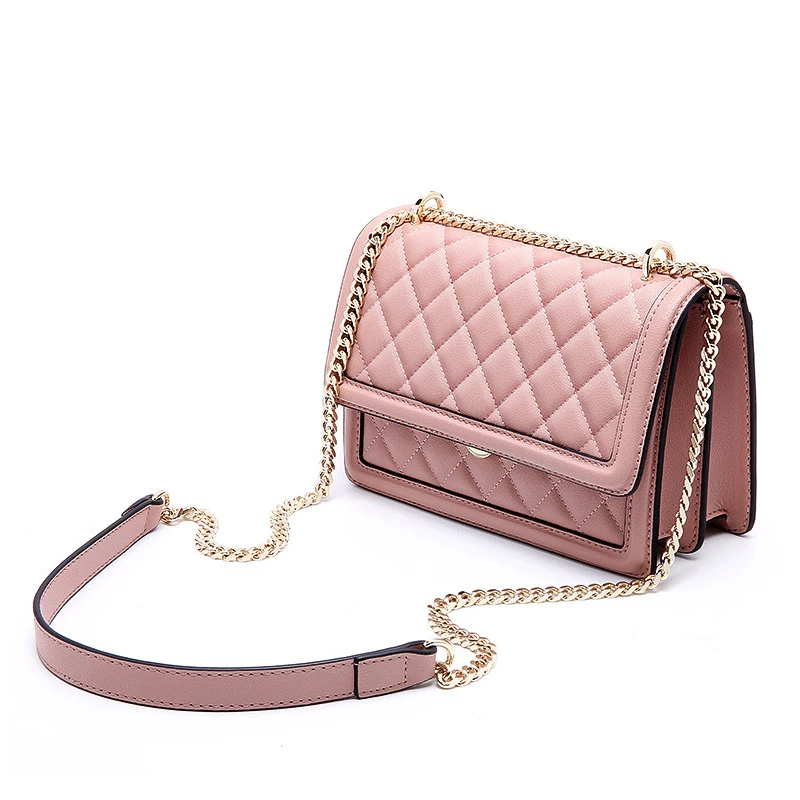 

Fashion Chains Women's Messenger Bags Genuine Leather Quilted Design Fmale Crossbody Bag Ladies Shoulder Bag(Black/Pink/White)