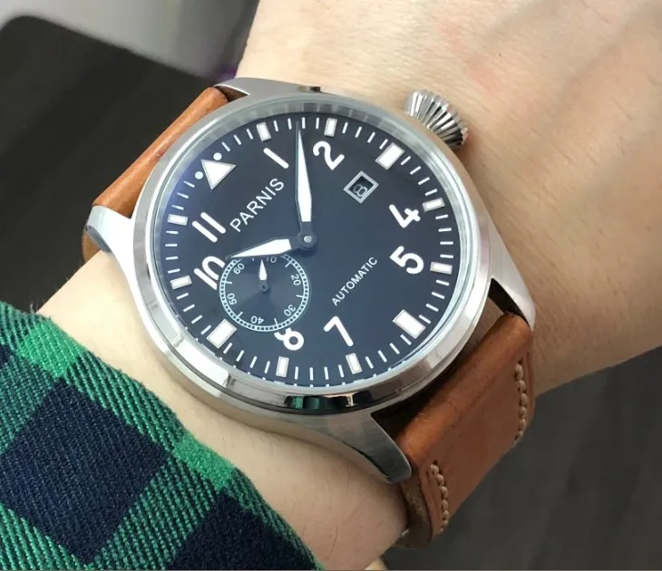 

47mm big pilot PARNIS Black dial Automatic Self-Wind movement Auto Date men watches luminous Mechanical watches pa145-p8