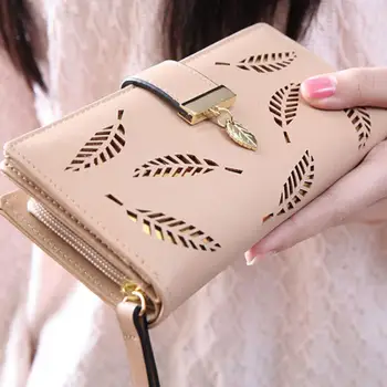 

New Golden Hollow Leaf Wallet Women PU Leather Card Holder Coin Purse Long Wallet Elegant Ladies Cash Pocket Clutch Bag