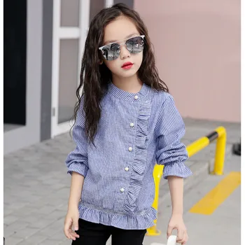 

Ruffles school long sleeve blouse girls autumn spring cotton striped beautiful blouses for girls teens 2018 kids casual