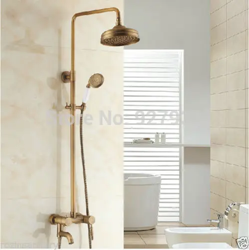 Wall Mounted 8 Rainfall Shower Head Bath Shower Faucet Set with Handheld Shower Antique Brass Finish