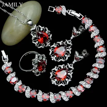 

Fashion 925 Silver Jewelry Sets Red Stone White CZ For Women Party Accessories Stud Earrings/Pendant/Ring/Necklace/Bracelet