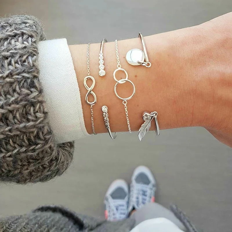 

4 Pcs/ Set Women Bracelet Retro 8 Word Leaves Round Gem Silver Pendant Chain Opening Bracelet Set Lady Fashion Party Accessories