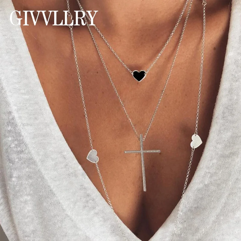 

GIVVLLRY Elegant Triple Chain Necklace Fashion Jewelry Minimalist Vintage Silver Color Heart Cross Pendant Necklace for Women