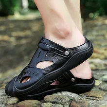 Большие размеры 45-46, мужские кожаные сандалии Нескользящая черная обувь для мужчин, повседневные сандалии без шнуровки Мужские Прочные Прошитые Сабо