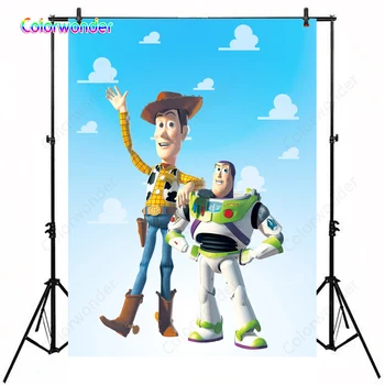 

Toy Story Spaceman Buzz Lightyear With Cowboy Doll Woody Photo Backdrop Blue Sky White Clouds Background For Baby Shower Banner