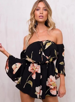 

A Word Shoulder Printing Horn Sleeve Jumpsuits Women Chest Strap Off-The-Shoulder Wide Short Pants Romper Sexy Clothes Chiffon
