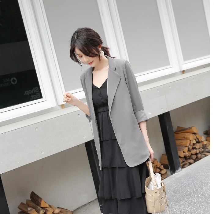 2019 Autumn New Female Blazer Korean Casual Solid Color Elegant Temperament Thin Chiffon Coat Women Three Quarter Cardigan 90s