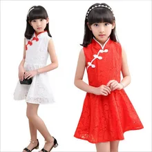 Новое летнее кружевное платье Чонсам для девочек детское платье в китайском стиле в стиле ретро улучшенное детское платье без рукавов белого и красного цвета