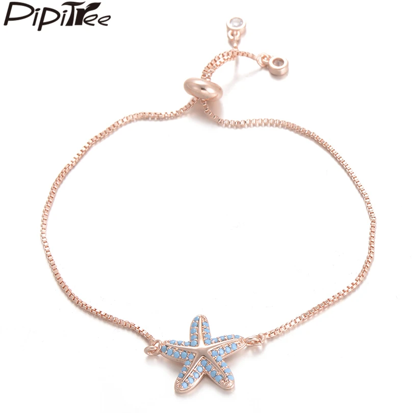 

Pipitree Trendy Blue CZ Zircon Starfish Charm Bracelet Women's Adjustable Chain Star Bracelets Bangles Summer Style Jewelry Gift