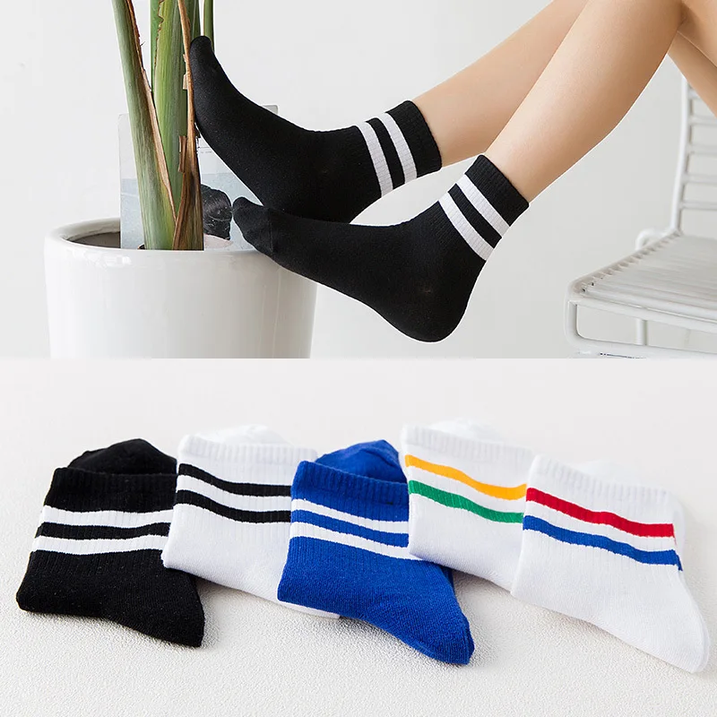 

5 Pairs/lot Harajuku Women's Socks Cotton Two Stripe Happy Short Socks Female Autumn Winter High Quality Socks Meias Unisex