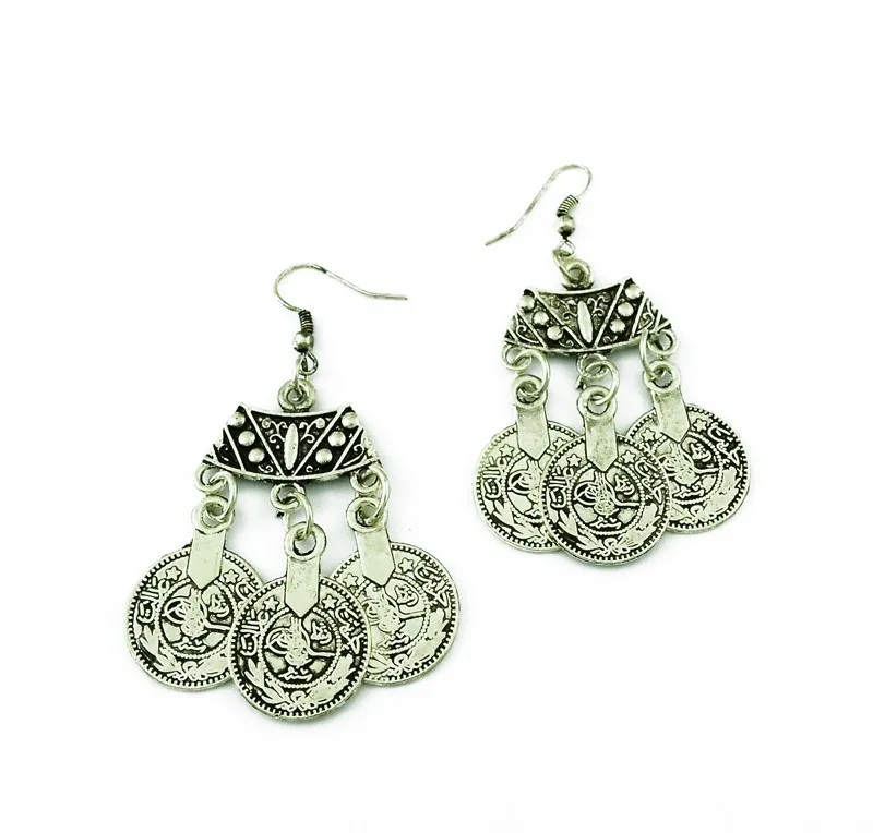 Турецкие jhumkas индийские серебряные монеты падение цыганский Бохо-Стиль Пляж этнический Племенной фестиваль червленые ювелирные изделия серьги с кисточками Женщины