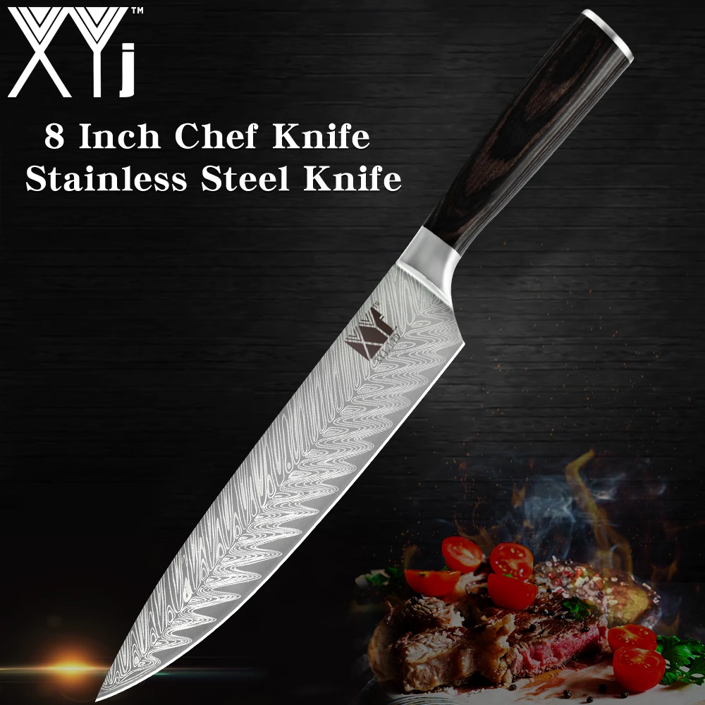 XYj Imitation Damascus Pattern Chef Knife 7Cr17 High Carbon Stainless Steel Kitchen Knives Ultra Sharp Blade Comfortable Handle