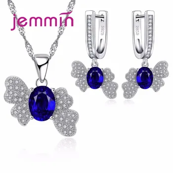Jemmin Elegant Engagement Wedding Created Sapphire Jewelry Set 925 Sterling Silver Pendants Necklaces Dangle Earring For Woman