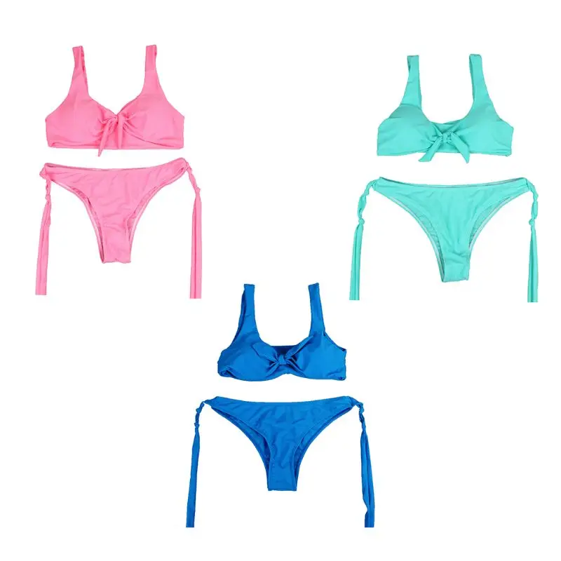 

Women Sexy Two Piece Bikini Set Deep V-Neck Tie Knot Front Bra Low Waist Long Knotted Ribbon Thong Solid Color Swimsuit Beachwea
