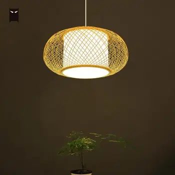 

Bamboo Wicker Rattan Slender Grid Shade Pendant Light Fixture Japanese Nordic Hanging Ceiling Lamp for Dining Table Room Bulb