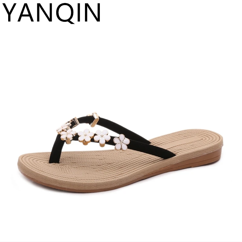 

YANQIN Woman Fashion Non-Slip Cool Slippers Summer New Flat Flip Flops Women Fashion Pinch Beach Shoes Flat Outer Wear Slippers