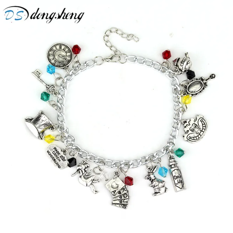 

dongsheng Movie Alice in Wonderland Charm Bracelets&Bangles Fairy Tale Story Rabbit Hat Key Clock Red Crystal Beads Bracelet -25