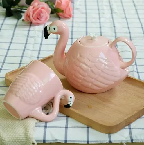 3D животных фламинго чайник девушка розовый милые животные кофейная чашка керамический чайник чашка подарок на день рождения украшения