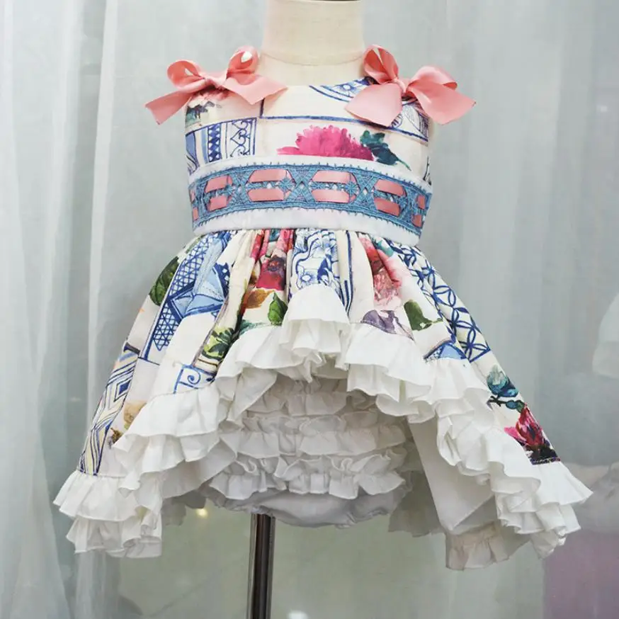 

1-6T Summer Girl Dress Vintage Spanish Print Embroidered Bow Baby Dress For Cute Girl Cotton Princess Party Dress Vestidos Y1139