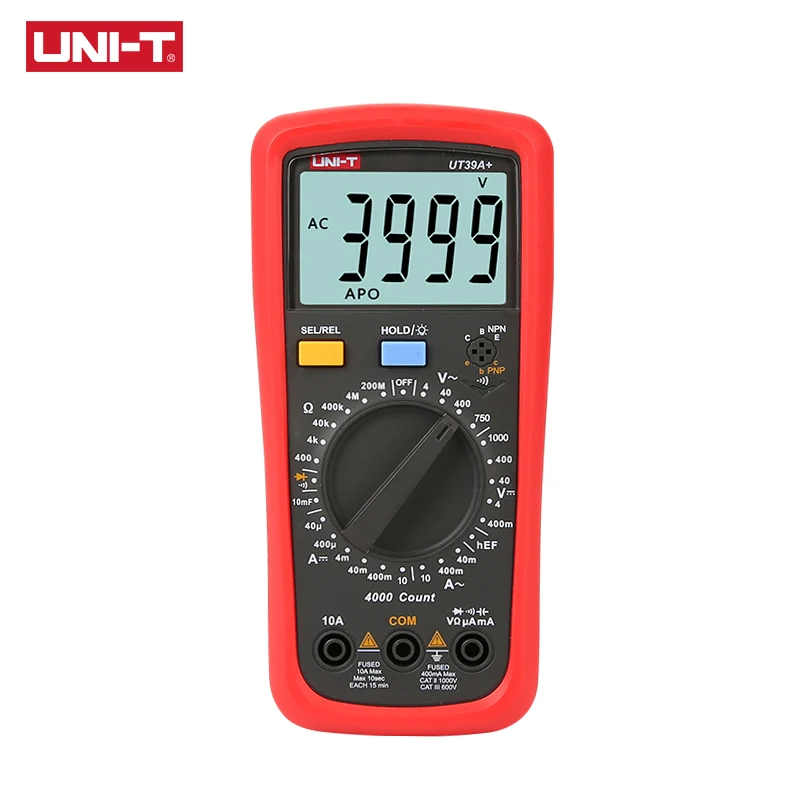 

UNI-T Digital Multimeter Auto Range NCV AC DC Voltage Current Tester Ohm Temperature Frequency HFE Resistance Test UT39A+ UT39C+