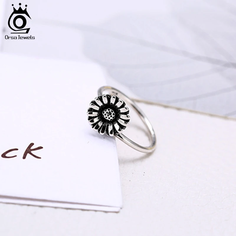 ORSA JEWELS Real 100% 925 Sterling Silver Ring Women Daisy Shape Vintage Adjustable Wholesale Female Girl Silver Jewelry PSR48