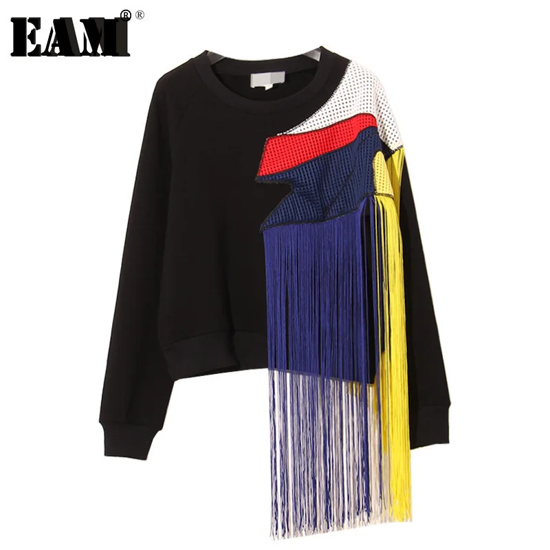 

[EAM] 2019 Autumn Winter Round Neck Long Sleeve New Heavy Rainbow Tassel Stitching Mesh Yarn Large Thick Sweatshirts AS26011