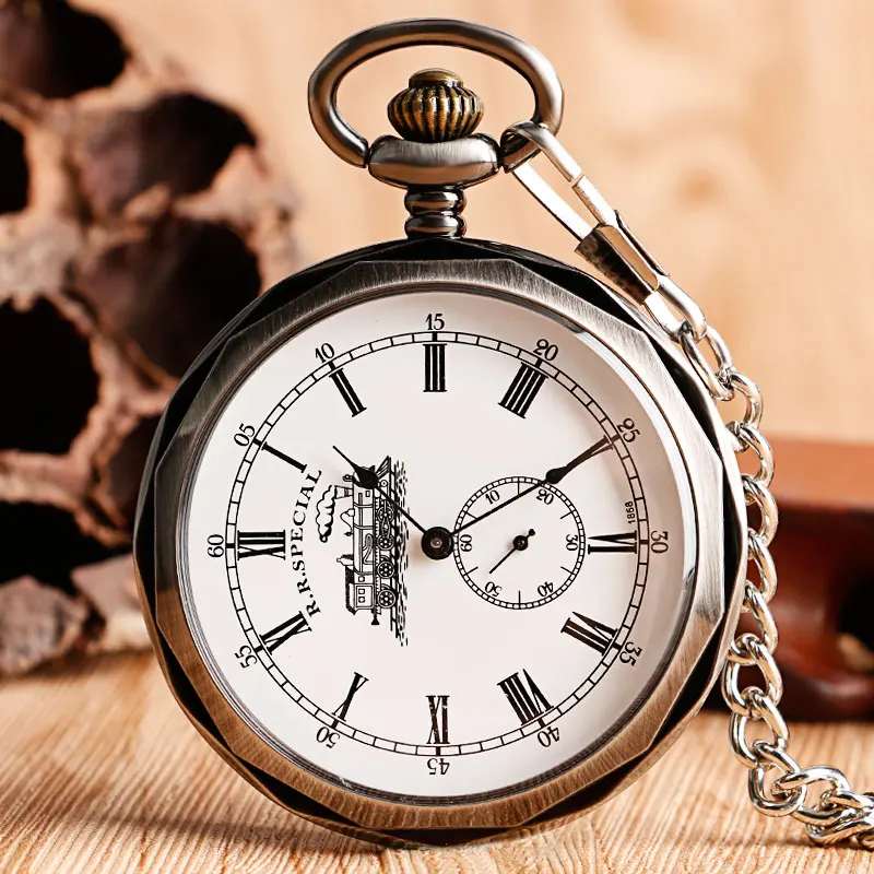 Vente De luxe Ouvert Visage Train Grand Cadran Romain Numers Mécanique Squelette Montre De Poche Steampunk Remontage manuel Montre Hommes Femmes Chaîne Cadeau