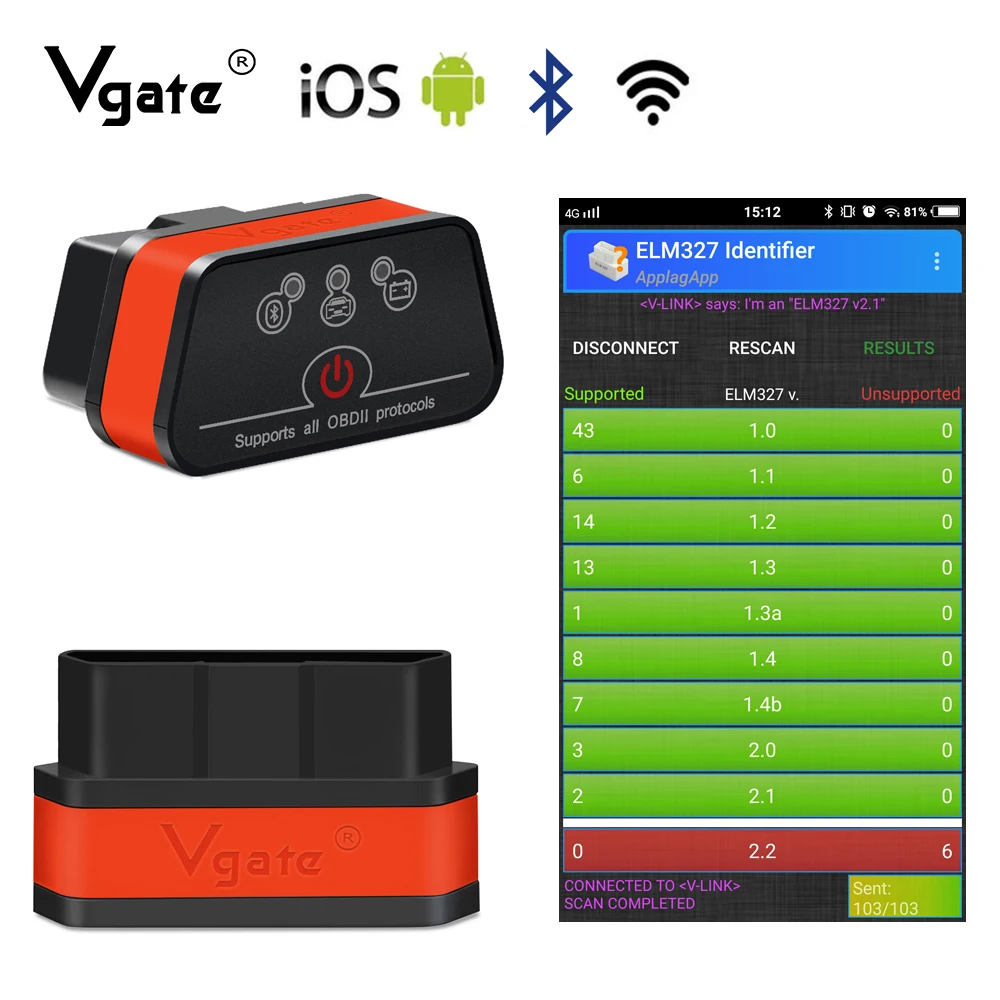 Vgate iCar2 ELM327 Diagnostic tool Wifi/Bluetooth OBD2 for IOS iPhone