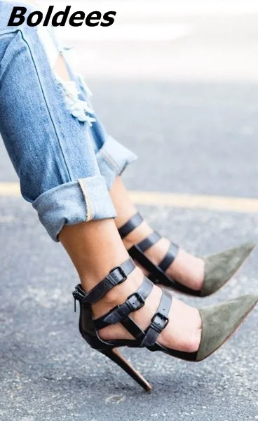 

New Style Women Extraordinary Suede Color Patchwork Stiletto Heels Sexy Pointed Toe Buckle Straps Decorated Back Zip Pumps