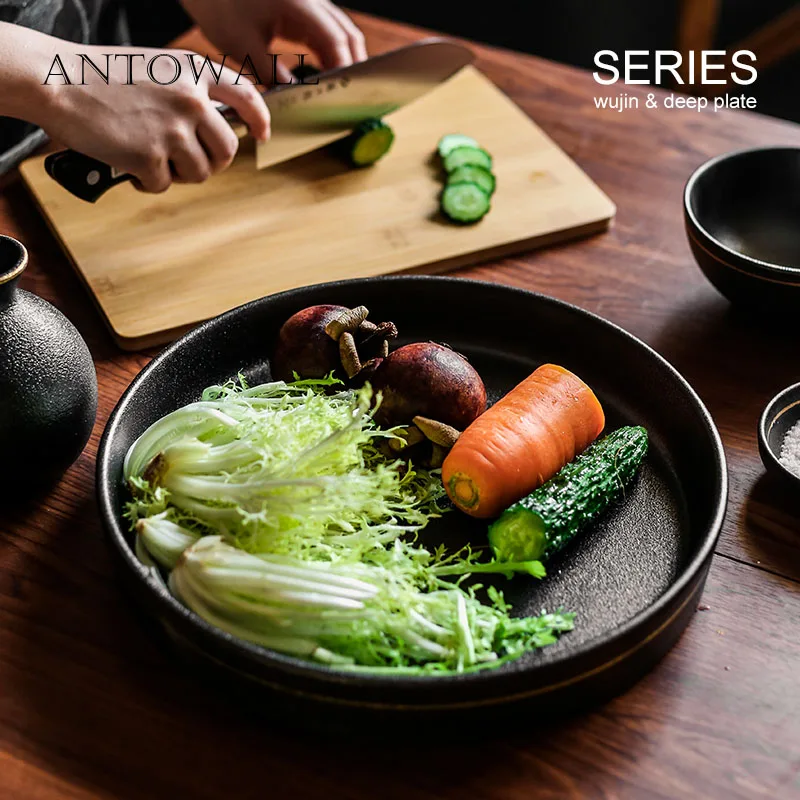 

ANTOWALL Black color frosted gold edge dinner plate household round steak dish ceramic tableware deep plate tray