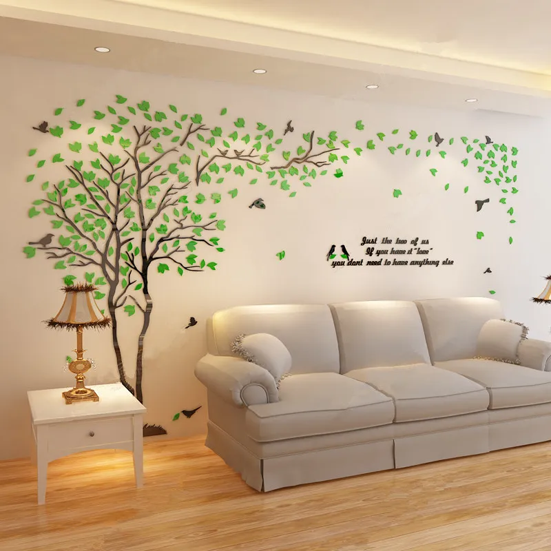 Настенные наклейки с зеленым деревом и птицами, 3 цвета, обои для домашнего декора, настенные наклейки для гостиной, телевизора, фона, 3D акриловые наклейки на стены