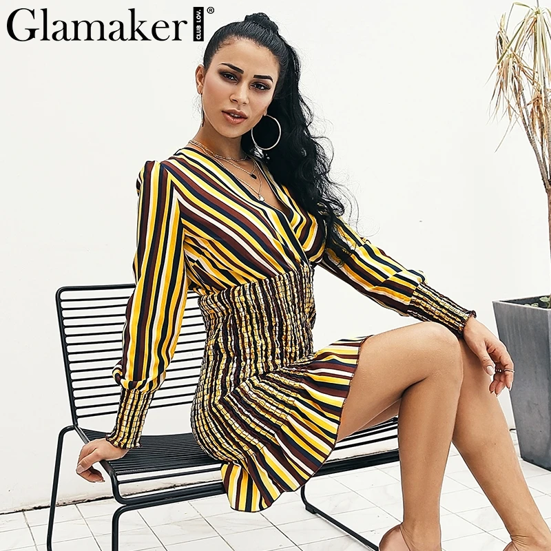 

Glamaker Pleated ruffle stripe party dress Women bodycon long sleeve short dress Female streetwear autumn sexy club shirt dress
