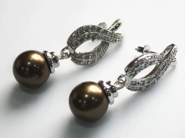

latest fashion lady's beautiful silver plated leave shape +12mm brown shell pearl bread earring -Bride jewelry free shipping