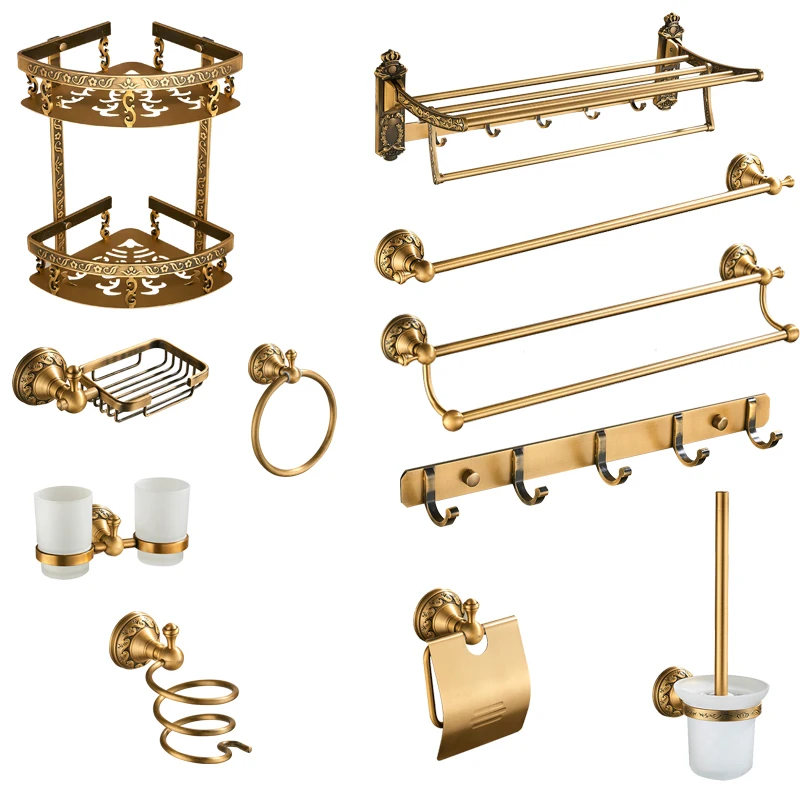 Best Antique Brass Bathroom Accessories Set Shelf Towel Bar Cup Holders Hairdryer Rack Tissue Holder Roll Paper Holder Soap Dish