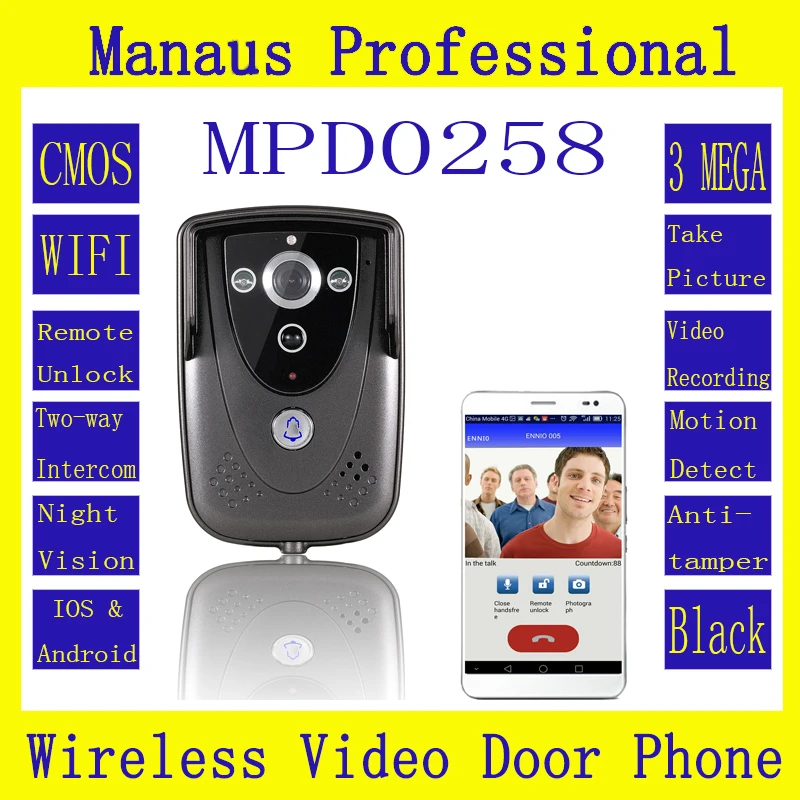 Best Professional Smart Home Black HD 720P Wifi Wireless Video Door Phone Doorbell Intercom With GSM waterproof IP55 function D258a