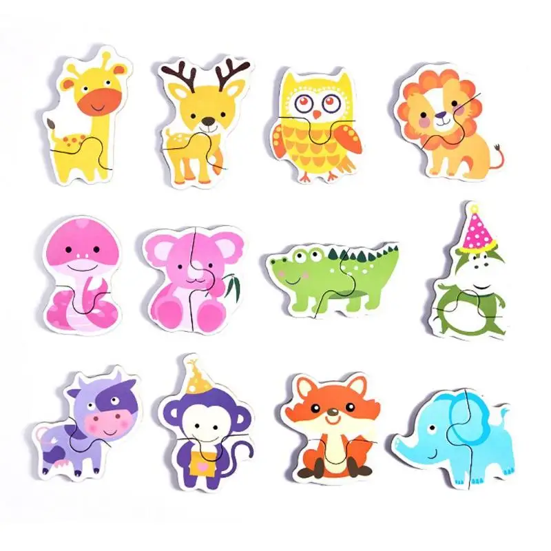 1set Baby Kids Cognition Puzzles Toys Wooden Cartoon Cognition Puzzles Toys Baby Iron Box Cards Matching Education Game - Цвет: 12pcs Animal