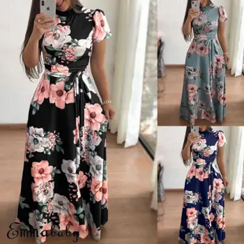 

Summer New Women Sexy Fashion Floral Print Dress Bandage Short Sleeve Sexy Casual Long Maxi Elegant Ladies Dress