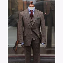 2017 terno slim fit Brown Tweed wedding Men Suit Slim Fit Skinny 3 Pieces Tuxedo Custom mens Suits Groom Blazer Terno Masculino
