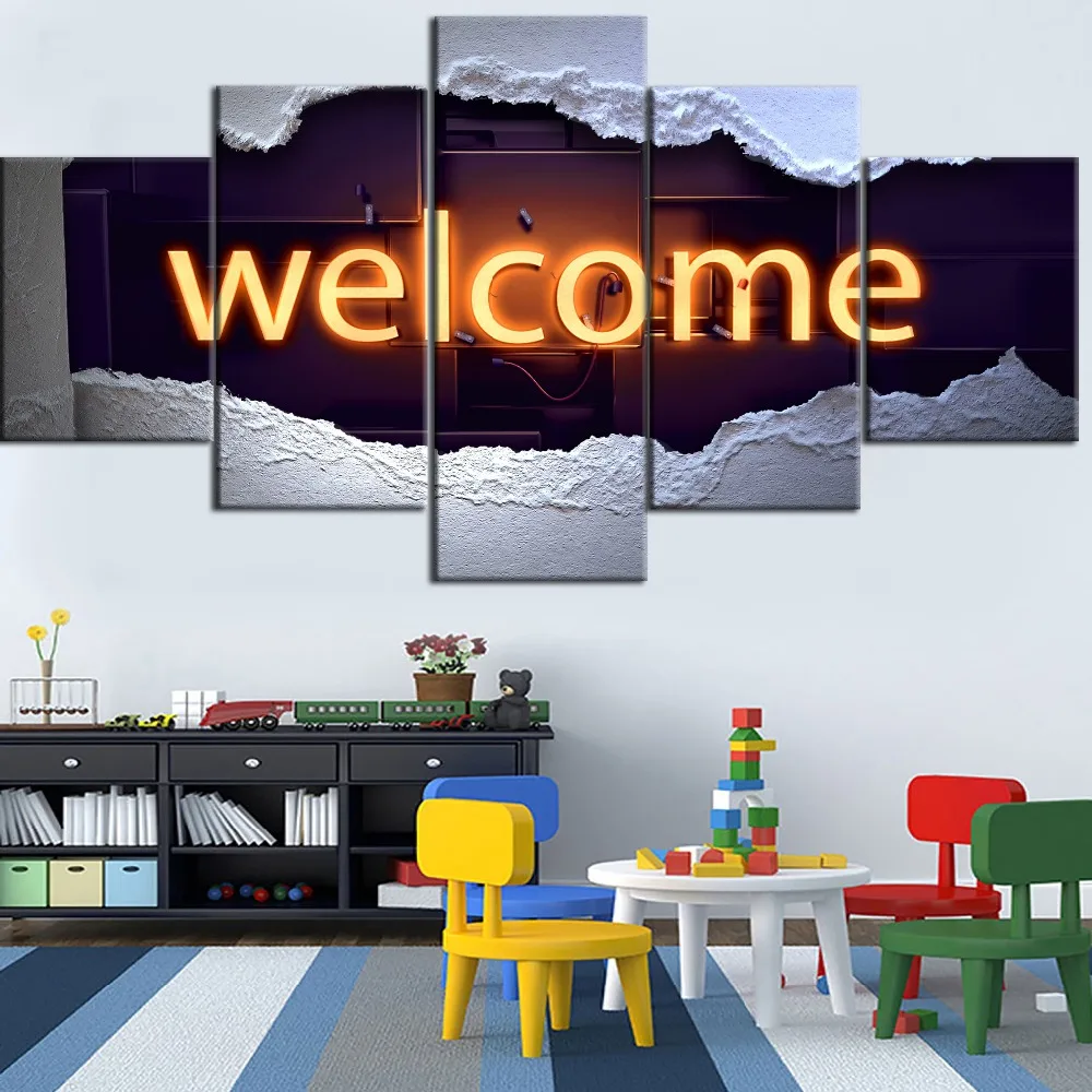 

Modern Framework Top-Rated HD Printed 5 Pieces Canvas Painting Typography Welcome Type Poster Home Decorative Living Room