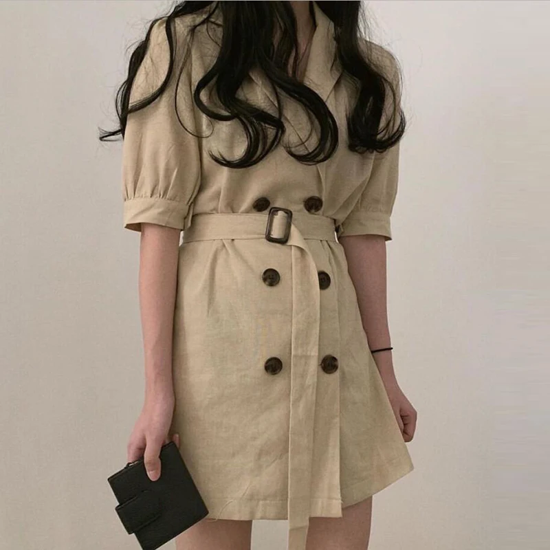 

SuperAen Double-breasted Lapel Women Dress Solid Color Cotton Short Sleeve Ladies Dress Summer New 2019 Women Clothing