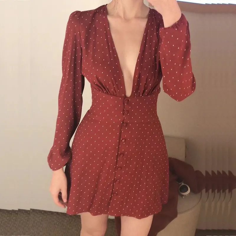 Red Polka Dot Summer Dress Long Sleeve Sexy Beach Dress Women Elasticity Waist V neck Elegant Bohemian Vestido  4_