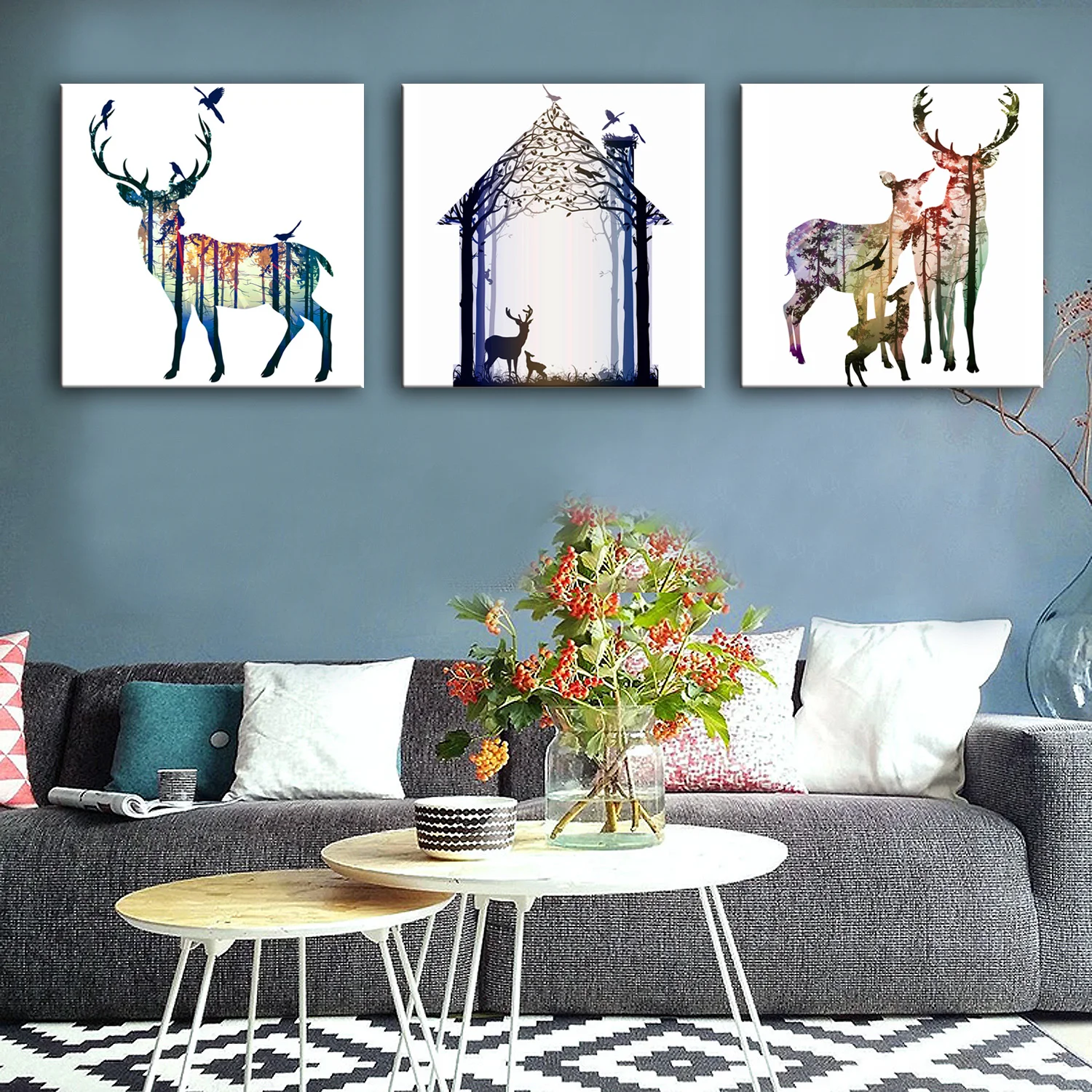 

Drop Shipping 3 Piece Canvas Art Set Wall Picture for Living Room Animal Fortune Deer Decorative Modular Pictures for Kids Room
